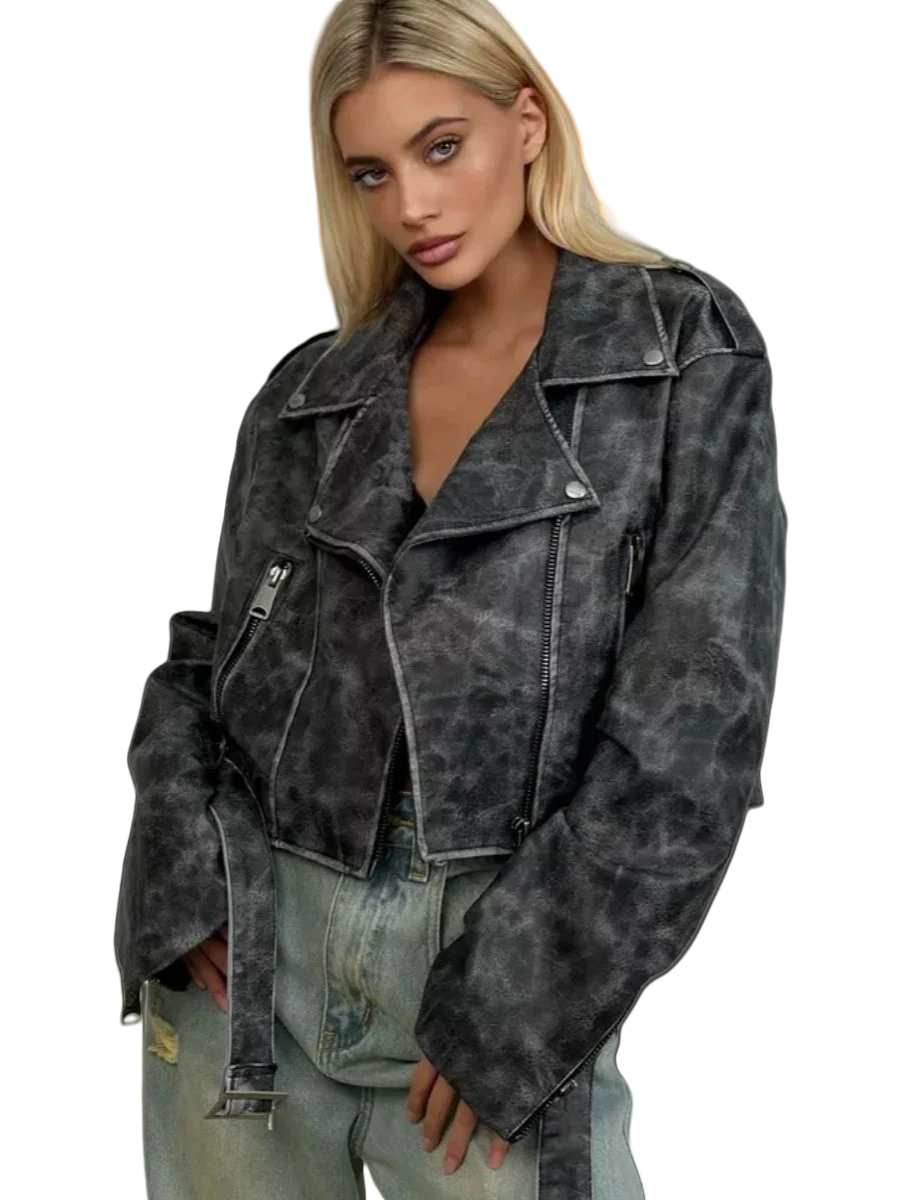 Faux Leather Jacket, Solid Color Lapel Collar, Long Sleeve,Pu Jackets,Hip-hop style washed distressed jacket