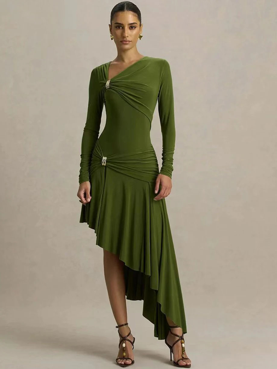 Long-sleeved irregularly hemmed pleated fitted dress Party dress Occasion Dresses