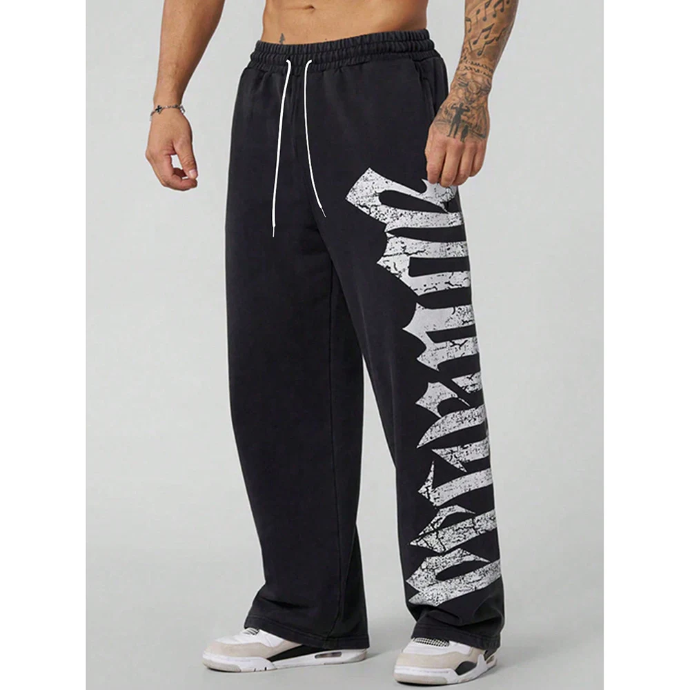 Fashionable printed casual pants Black Trouses Elasticated Waist Drawstring Pants