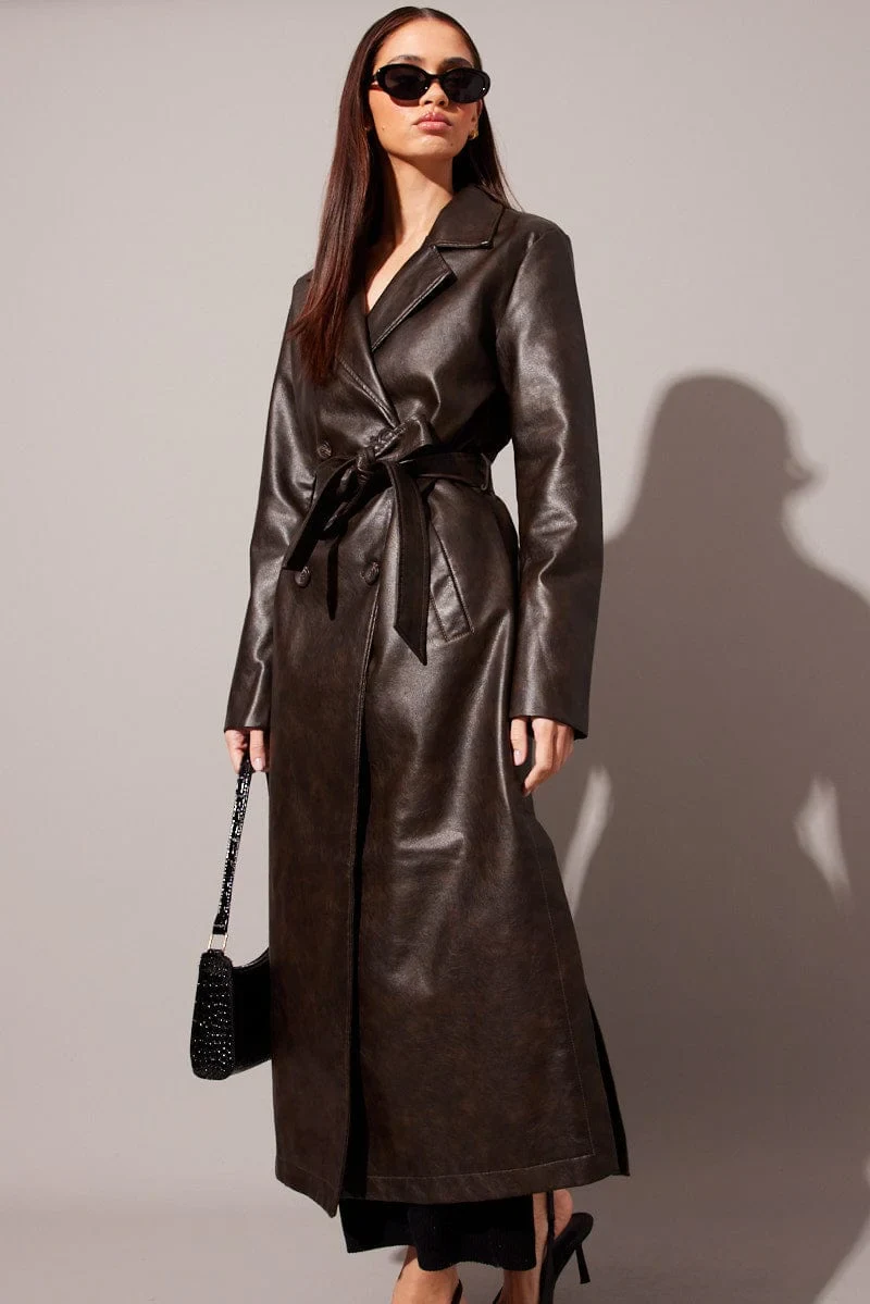 Women's outwear faux leather trench coat Adult maxi overcoat belted topcoats — view 2