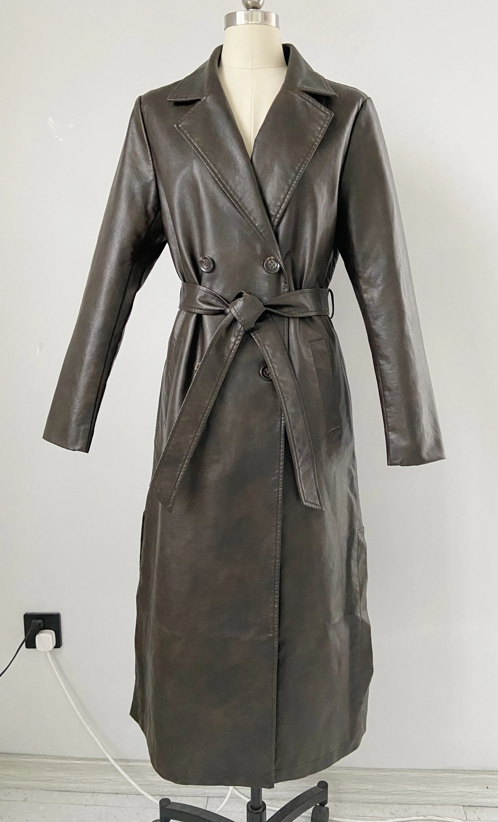 Women's outwear faux leather trench coat Adult maxi overcoat belted topcoats