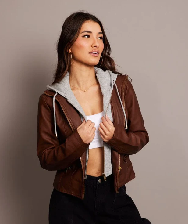Faux Leather Cropped Jacket,Hooded Biker Jacket, Long Sleeve,Pu Jackets,moto jackets,Motocycle Jacket
