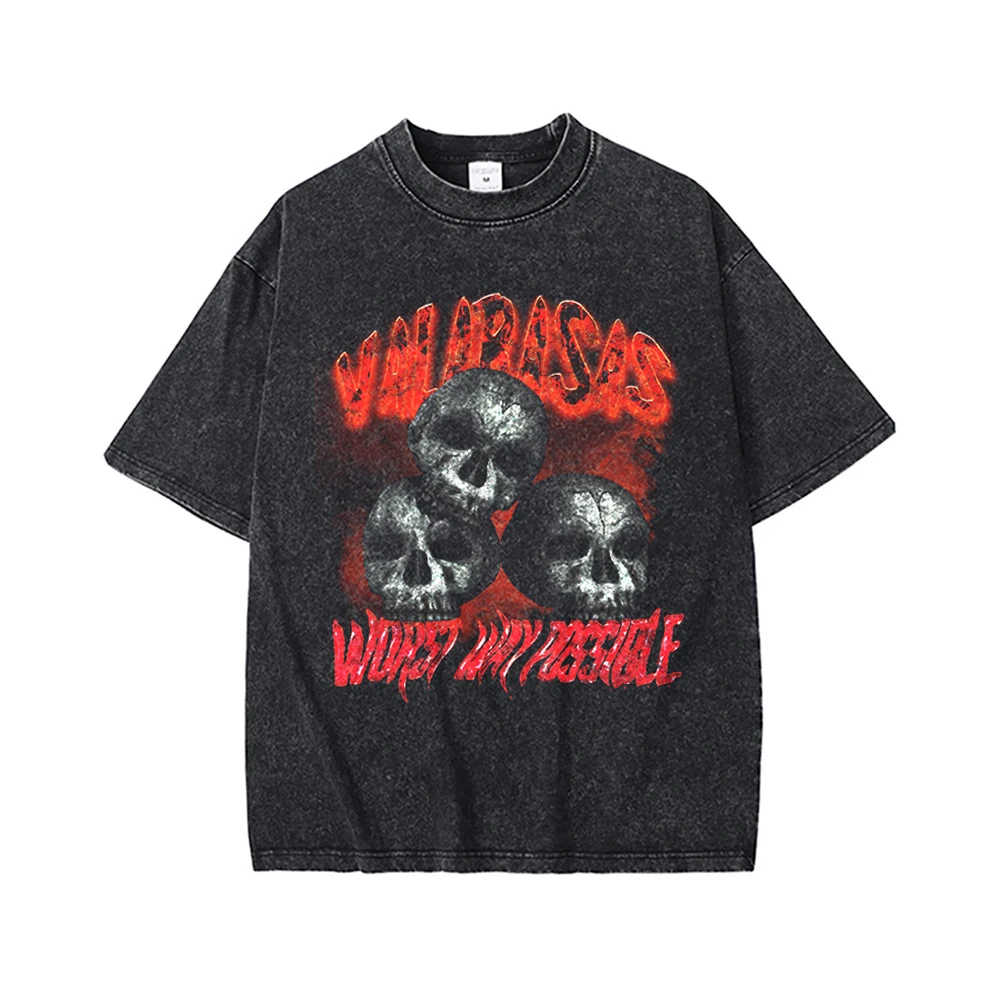 Distressed Streetwear Skull Printed Tees Loose Crew Neck Short Sleeve T-Shirt Vintage Graphic Tee 