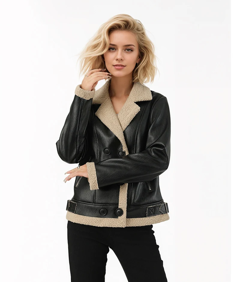 Faux Leather Cropped Jacket,Biker Jacket, Long Sleeve,Pu Jackets,Aviator Jacket,Shearling Jacket