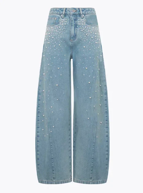 Studded Detail Wide Leg Jeans In Washed Blue Denim Mid Wash High Waisted Jeans 