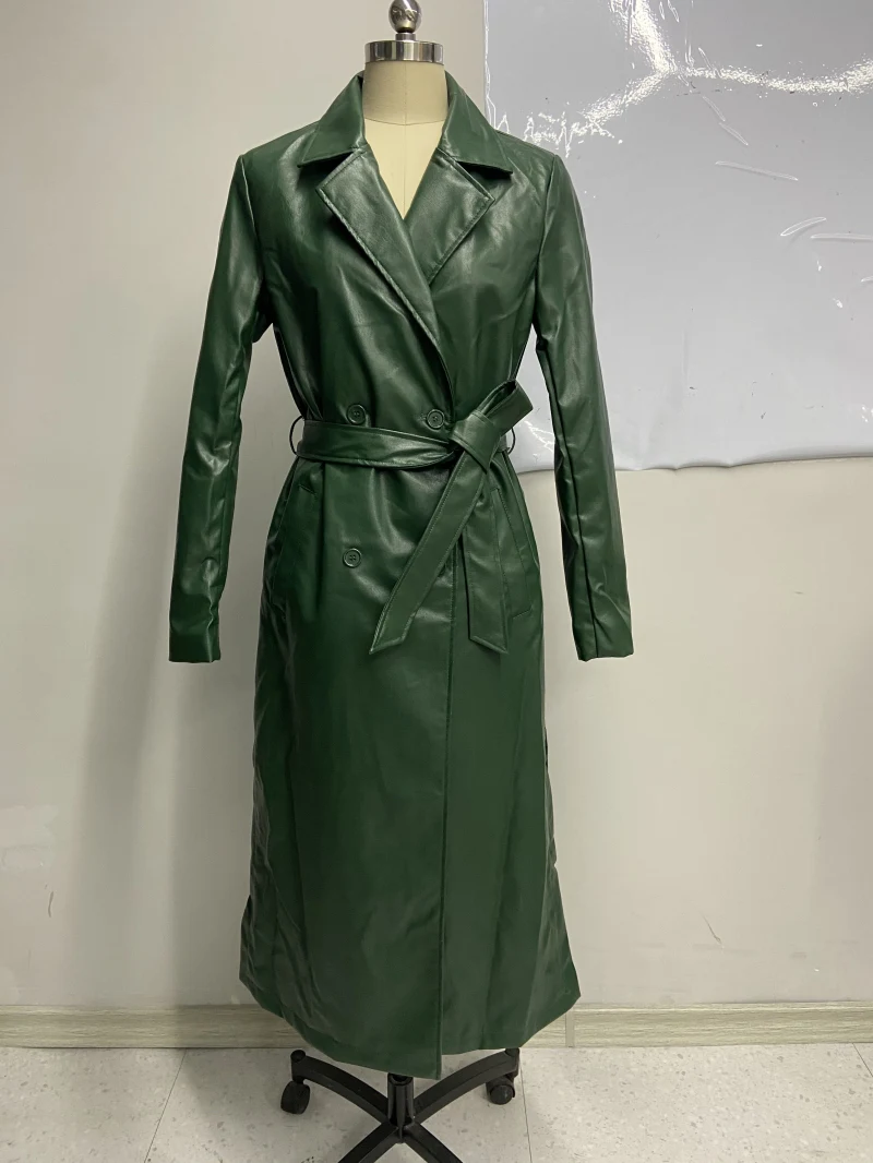 Women's outwear faux leather trench coat Adult maxi overcoat belted topcoats — view 5