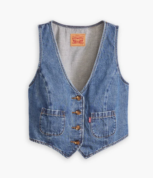 Denim Vest With Buttons Washed Tops Light Blue  V Neck Sleeveless